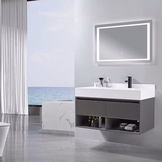 Meilleure vente bon prix conçu mural suspendu salle de bain vanité PVC salle de bain armoire avec miroir LED et armoire latérale
