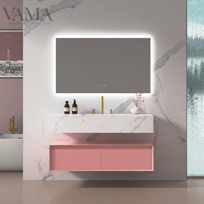 Vama 1200mm moderne en bois massif laque rose simple lavabo armoire en pierre frittée comptoir salle de bain vanité V308120